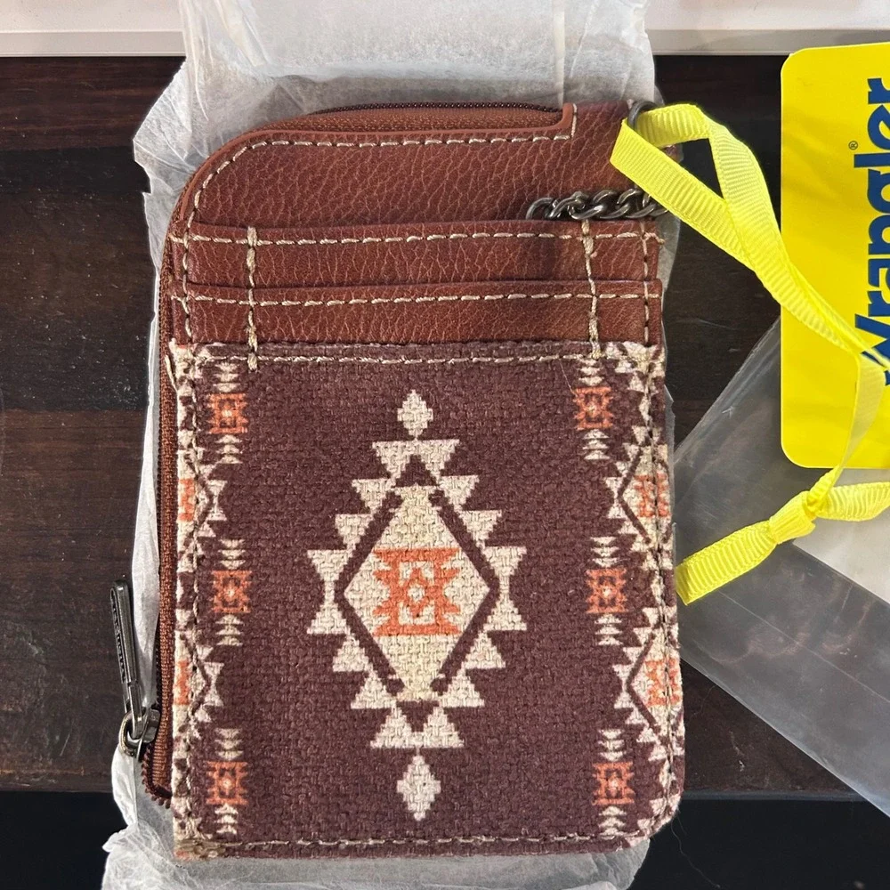 Wrangler Card Holder Wallet Womens OS Brown Southwestern Tribal Print Zipper New